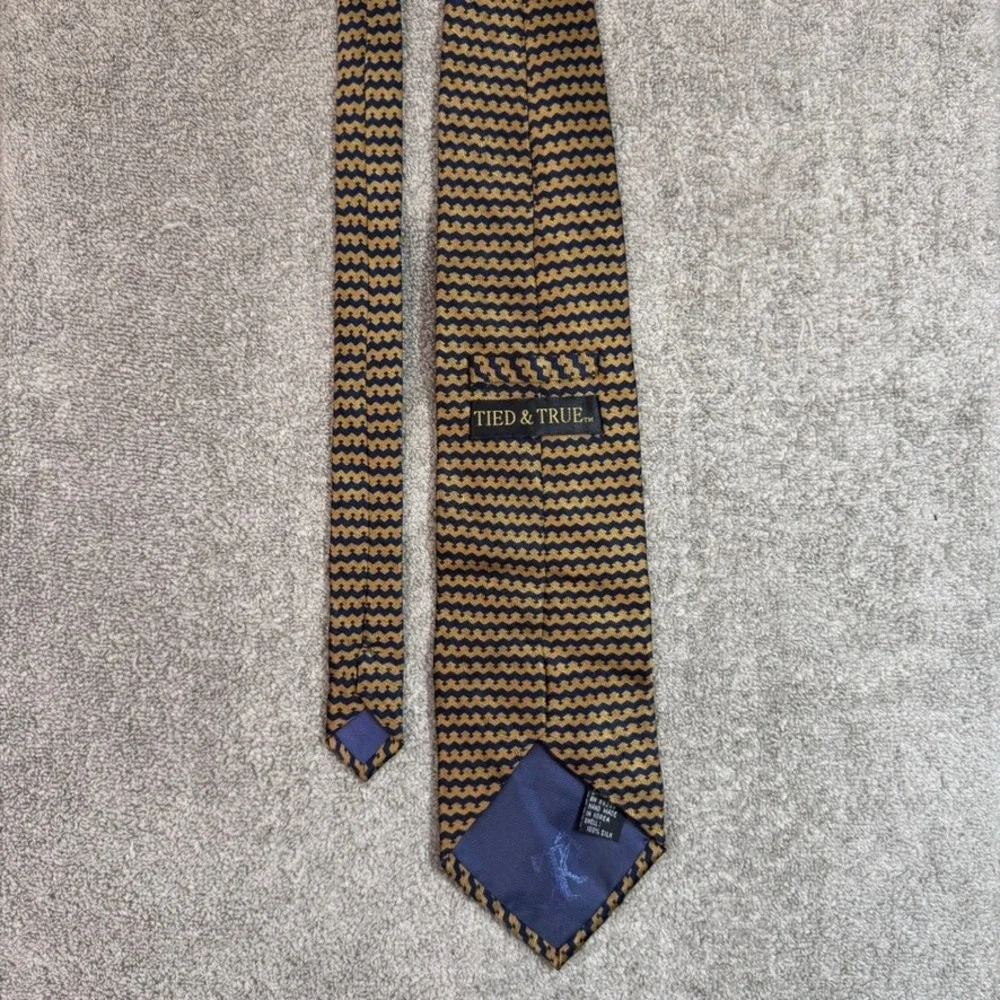 Tied & True Mens Silk Tie Navy Blue Gold Geometric Zig Zag Pattern Handmade